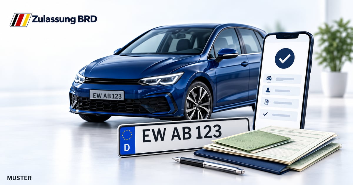 Online Fahrzeugzulassung in Eberswalde: Musterkennzeichen EW AB 123, Auto und Fahrzeugpapiere und Smartphone. Illustration mit Logo von Zulassung BRD.